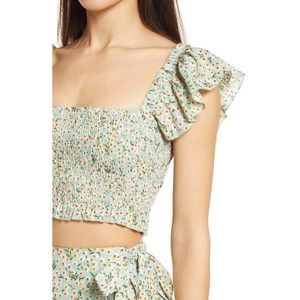 LULU’S Flourishing Dreams Smocked Crop Top MEDIUM Mint Green Floral Print Twee